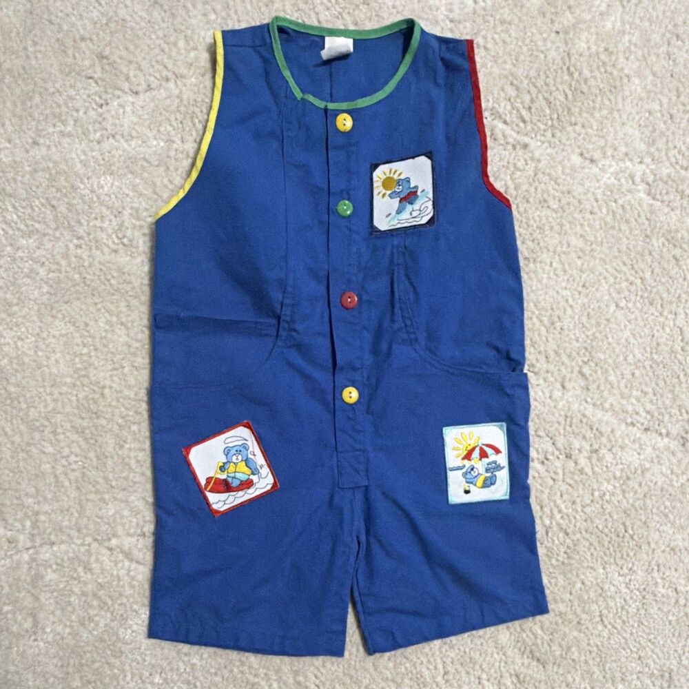 Toddler 4T Blue Cotton Sleeveless Romper One-Piece Bear Embroidered with Pockets